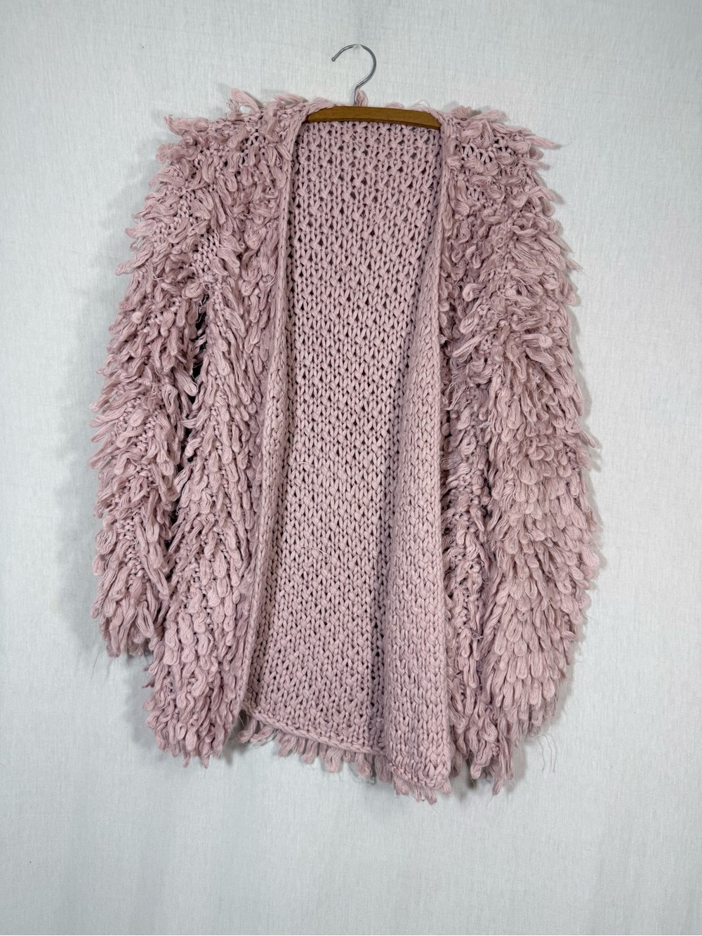 Dusty rose crochet furry fringe long rave cardigan up to size M/L